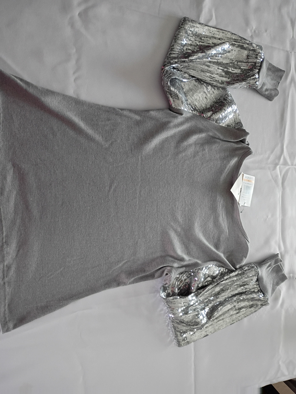 Women's Silver Sequin Sleeve Ribbed Top - Sparkle Detail - Picture 2 of 6